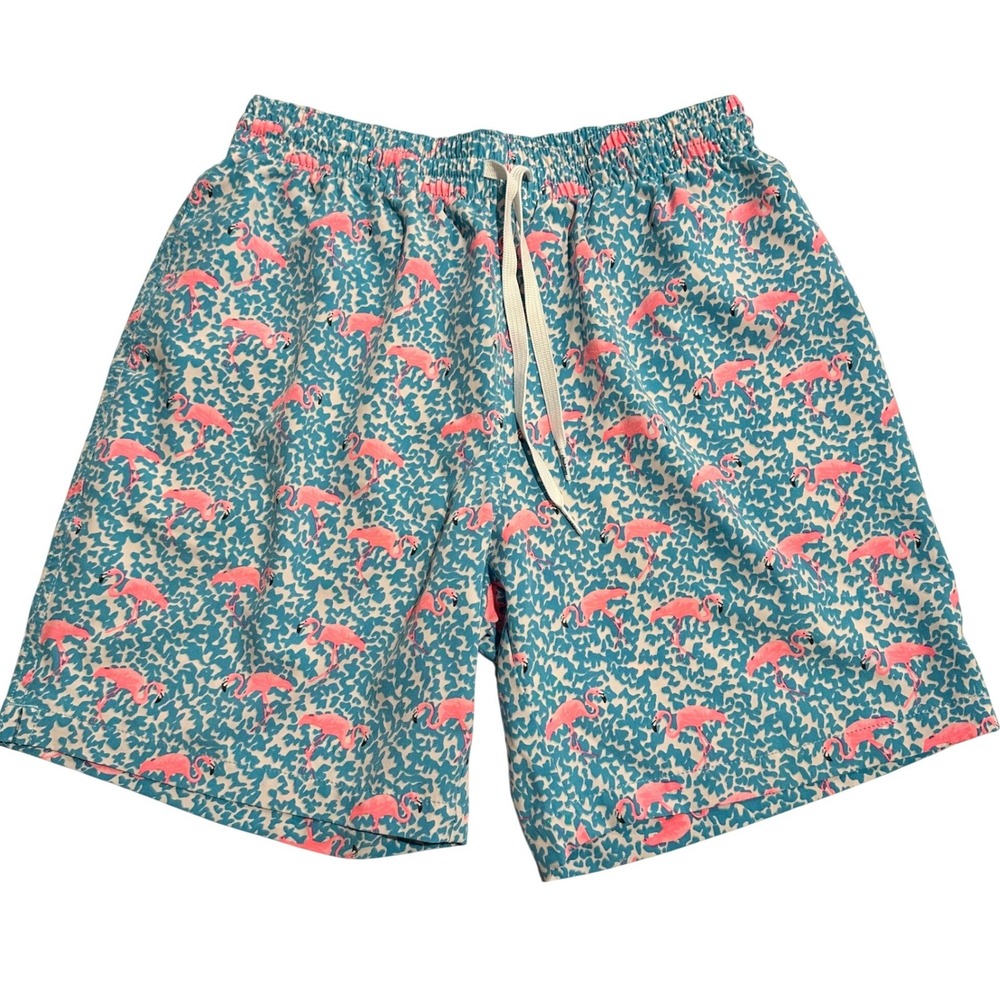 Chubbies Mens Medium Flamingo Print Swim Trunks Blue Pink 7 Inch Inseam